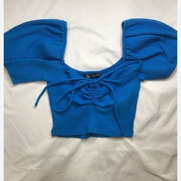 NWT New Zara Blue Ribbed Crop Top Size Large - Picture 1 of 5